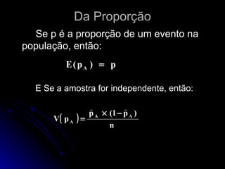 Da Proporção Se p é a proporção de um evento na população, então: E Se a amostra for independente, então: 