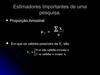 Estimadores Importantes de uma pesquisa. Proporção Amostral:  Em que os valores possíveis de X i   são: 