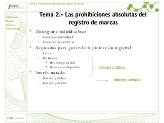 Tema 2.- Las prohibiciones absolutas del registro de marcas Distinguir e individualizar Carácter individual Carácter facultativo Requisitos para gozar de la protección registral Lícita Distintiva Uso indispensable Debe estar disponible Interés tratado Interés público Interés privado Interés público Interés privado Introducción Marcas Patentes Internacional Tema 2: Prohibiciones absolutas del registro de marcas 