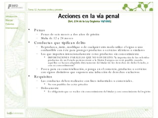 Acciones en la vía penal  (Art. 274 de la Ley Orgánica  10/1995 ) Penas Penas de seis meses a dos años de prisión Multa de 12 a 24 meses Conductas que tipifican delito Reproduzca, imite, modifique o de cualquier otro modo utilice el signo o uno confundible con éste para proteger productos o servicios idénticos o similares Los que importen intencionadamente estos productos sin consentimiento IMPORTACIONES PARALELAS QUE NO SON DELITO: “la importación de los referidos productos de un Estado perteneciente a la Unión Europea no será punible cuando aquéllos se hayan adquirido directamente del titular de los derechos de dicho Estado, o con su consentimiento” Posea para su comercialización, o ponga en el comercio, productos o servicios con signos distintivos que suponen una infracción de derechos exclusivos  Requisitos Las conductas deben realizarse con fines industriales o comerciales. No son punibles los actos privados Dolosamente Es obligatorio que se realice sin consentimiento del titular y con conocimiento del registro Tema 12: Acciones civiles y penales Introducción Marcas Patentes Internacional 