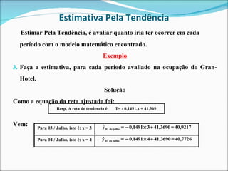 Estimativa Pela Tendência  Estimar Pela Tendência, é avaliar quanto iria ter ocorrer em cada período com o modelo matemático encontrado. Exemplo Faça a estimativa, para cada período avaliado na ocupação do Gran-Hotel. Solução Como a equação da reta ajustada foi: Vem:  