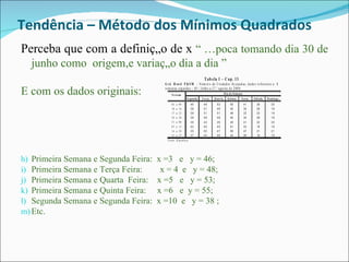 Tendência – Método dos Mínimos Quadrados  Perceba que com a definição de x  “ Época tomando dia 30 de junho como  origem,e variação dia a dia ”  E com os dados originais: Primeira Semana e Segunda Feira:  x =3  e  y = 46;  Primeira Semana e Terça Feira:  x = 4  e  y = 48; Primeira Semana e Quarta  Feira:  x =5  e  y = 53; Primeira Semana e Quinta Feira:  x =6  e  y = 55; Segunda Semana e Segunda Feira:  x =10  e  y = 38 ; Etc. 