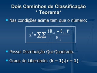 Dois Caminhos de Classificação * Teorema* Nas condições acima tem que o número: Possui Distribuição Qui-Quadrada. Graus de Liberdade: ( k – 1). ( r – 1)   