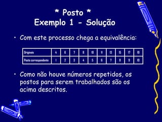 * Posto *  Exemplo 1 - Solução Com este processo chega a equivalência: Como não houve números repetidos, os postos para serem trabalhados são os acima descritos. 