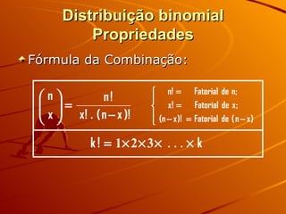 Distribuição binomial Propriedades Fórmula da Combinação: 