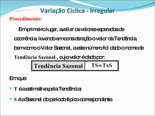 Variação Cíclica - Irregular Procedimento: Em primeiro lugar, avaliar os valores esperados de ocorrência, levando em consideração o valor da Tendência, bem como o Valor Sazonal, a este número foi dado o nome de  Tendência Sazonal  , cujo valor é dado por: Em que: T  é a estimativa pela Tendência; S  é a Sazonal do período típico correspondente. 