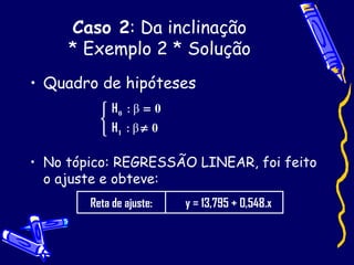 Caso 2 : Da inclinação * Exemplo 2 * Solução Quadro de hipóteses No tópico: REGRESSÃO LINEAR, foi feito o ajuste e obteve: 