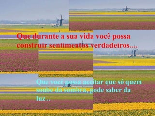 Que durante a sua vida você possa construir sentimentos verdadeiros.... Que você possa aceitar que só quem soube da sombra, pode saber da luz... 
