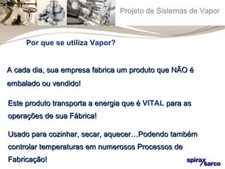 Projeto de Sistemas de Vapor 
Por que se utiliza Vapor? 
A cada dia, sua empresa fabrica um pprroodduuttoo qquuee NNÃÃOO éé 
eemmbbaallaaddoo oouu vveennddiiddoo!! 
EEssttee pprroodduuttoo ttrraannssppoorrttaa aa eenneerrggiiaa qquuee éé VITAL ppaarraa aass 
ooppeerraaççõõeess ddee ssuuaa FFáábbrriiccaa!! 
UUssaaddoo ppaarraa ccoozziinnhhaarr,, sseeccaarr,, aaqquueecceerr……PPooddeennddoo ttaammbbéémm 
ccoonnttrroollaarr tteemmppeerraattuurraass eemm nnuummeerroossooss PPrroocceessssooss ddee 
FFaabbrriiccaaççããoo!! 
 