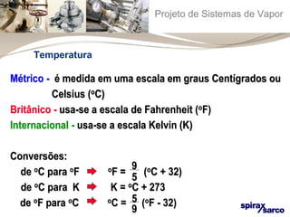 Projeto de Sistemas de Vapor 
Temperatura 
MMééttrriiccoo -- éé mmeeddiiddaa eemm uummaa eessccaallaa eemm ggrraauuss CCeennttííggrraaddooss oouu 
99 
55 
55 
99 
CCeellssiiuuss ((ooCC)) 
BBrriittâânniiccoo -- uussaa--ssee aa eessccaallaa ddee FFaahhrreennhheeiitt ((ooFF)) 
IInntteerrnnaacciioonnaall -- uussaa--ssee aa eessccaallaa KKeellvviinn ((KK)) 
CCoonnvveerrssõõeess:: 
ddee ooCC ppaarraa ooFF ooFF == ((ooCC ++ 3322)) 
ddee ooCC ppaarraa KK KK == ooCC ++ 227733 
ddee ooFF ppaarraa ooCC ooCC == ((ooFF -- 3322)) 
 