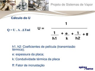 Projeto de Sistemas de Vapor 
Cálculo do U 
Q = U . A . DTml 
h1, h2: Coeficientes de película (transmissão 
térmica); 
e: espessura da placa; 
k: Condutividade térmica da placa 
ff: Fator de incrustação 
 