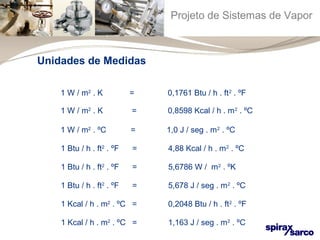 Projeto de Sistemas de Vapor 
Unidades de Medidas 
1 W / m2 . K = 0,1761 Btu / h . ft2 . ºF 
1 W / m2 . K = 0,8598 Kcal / h . m2 . ºC 
1 W / m2 . ºC = 1,0 J / seg . m2 . ºC 
1 Btu / h . ft2 . ºF = 4,88 Kcal / h . m2 . ºC 
1 Btu / h . ft2 . ºF = 5,6786 W / m2 . ºK 
1 Btu / h . ft2 . ºF = 5,678 J / seg . m2 . ºC 
1 Kcal / h . m2 . ºC = 0,2048 Btu / h . ft2 . ºF 
1 Kcal / h . m2 . ºC = 1,163 J / seg . m2 . ºC 
 