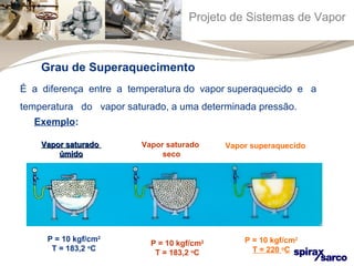 Projeto de Sistemas de Vapor 
Grau de Superaquecimento 
É a diferença entre a temperatura do vapor superaquecido e a 
temperatura do vapor saturado, a uma determinada pressão. 
Exemplo: 
VVaappoorr ssaattuurraaddoo 
úúmmiiddoo 
P = 10 kgf/cm2 
T = 183,2 oC 
Vapor superaquecido 
P = 10 kgf/cm2 
T = 220 oC 
Vapor saturado 
seco 
P = 10 kgf/cm2 
T = 183,2 oC 
 