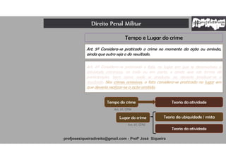 Direito Penal Militar
profjosesiqueiradireito@gmail.com - Profº José Siqueira
Tempo e Lugar do crime
Art. 5º Considera-se praticado o crime no momento da ação ou omissão,
ainda que outro seja o do resultado.
Art. 6º Considera-se praticado o fato, no lugar em que se desenvolveu a
atividade criminosa, no todo ou em parte, e ainda que sob forma de
participação, bem como onde se produziu ou deveria produzir-se o
resultado. Nos crimes omissivos, o fato considera-se praticado no lugar em
que deveria realizar-se a ação omitida.
Tempo do crime Teoria da atividade
Art. 5º, CPM
Lugar do crime Teoria da ubiquidade / mista
Art. 6º, CPM
Teoria da atividade
 