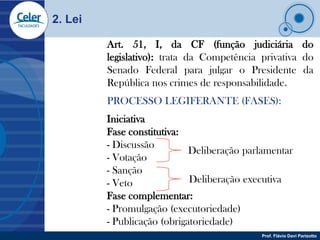 2. Lei

         Art. 51, I, da CF (função judiciária do
         legislativo): trata da Competência privativa do
        ...