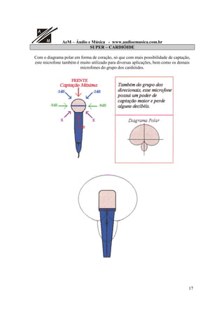 A
M AeM – Áudio e Música - www.audioemusica.com.br
17
SUPER – CARDIÓIDE
Com o diagrama polar em forma de coração, só que com mais possibilidade de captação,
este microfone também é muito utilizado para diversas aplicações, bem como os demais
microfones do grupo dos cardióides.
 