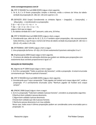 www.cursoagoraeupasso.com.br
Raciocínio Lógico 27 Prof Weber Campos
36. (TRT 5ª REGIÃO Tec Jud 2008 CESPE) Julgue o item seguinte.
1. Se A, B, C e D forem proposições simples e distintas, então o número de linhas da tabela-
verdade da proposição (AB)(CD) será superior a 15.
37. (SEFAZ/ES 2010 Cespe) Considerando os símbolos lógicos ¬ (negação),  (conjunção), 
(disjunção),  (condicional) e as proposições
S: (p  ¬ q)  (¬ p  r)  q  r e
T: ((p  ¬ q)  (¬ p  r))  (¬ q  ¬ r),
julgue o item que se segue.
1. As tabelas-verdade de S e de T possuem, cada uma, 16 linhas.
38. (TRT 5ª REGIÃO Anal Jud 2008 CESPE) Julgue o item a seguir.
1. Considerando que, além de A e B, C, D, E e F também sejam proposições, não necessariamente
todas distintas, e que N seja o número de linhas da tabela-verdade da proposição [A(BC)] 
[(DE)F], então 2 ≤ N ≤ 64.
39. (PETROBRAS 2007 CESPE) Julgue o item a seguir.
1. Uma proposição da forma ¬(PQ)(¬RS) tem exatamente 8 possíveis valorações V ou F.
40. (Papiloscopista 2004 Cespe) Julgue o item seguinte.
1. O número de tabelas de valorações distintas que podem ser obtidas para proposições com
exatamente duas variáveis proposicionais é igual a 24
.
NEGAÇÃO DE PROPOSIÇÕES
41. (Agente da PF 2009 Cespe) Julgue o item a seguir.
1. Se A for a proposição “Todos os policiais são honestos”, então a proposição ¬A estará enunciada
corretamente por “Nenhum policial é honesto”.
42. (TRT 5ª REGIÃO Anal Jud 2008 CESPE) Julgue o item seguinte.
1. Considerando que P seja a proposição “Todo jogador de futebol será craque algum dia”, então a
proposição ¬P é corretamente enunciada como “Nenhum jogador de futebol será craque
sempre”.
43. (PM/AC 2008 Cespe) Julgue o item a seguir.
1. Se A é a proposição “Todo bom soldado é pessoa honesta”, considere as proposições seguintes:
B Nenhum bom soldado é pessoa desonesta.
C Algum bom soldado é pessoa desonesta.
D Existe bom soldado que não é pessoa honesta.
E Nenhuma pessoa desonesta é um mau soldado.
Nesse caso, todas essas 4 últimas proposições podem ser consideradas como enunciados para a
proposição ¬A.
 