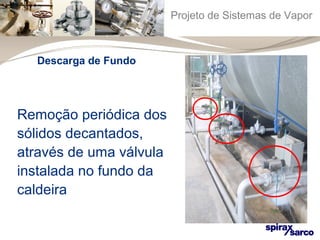 Projeto de Sistemas de Vapor 
Descarga de Fundo 
Remoção periódica dos 
sólidos decantados, 
através de uma válvula 
instalada no fundo da 
caldeira 
 