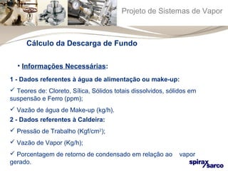 Projeto de Sistemas de Vapor 
Cálculo da Descarga de Fundo 
• Informações Necessárias: 
1 - Dados referentes à água de alimentação ou make-up: 
 Teores de: Cloreto, Sílica, Sólidos totais dissolvidos, sólidos em 
suspensão e Ferro (ppm); 
 Vazão de água de Make-up (kg/h). 
2 - Dados referentes à Caldeira: 
 Pressão de Trabalho (Kgf/cm2); 
 Vazão de Vapor (Kg/h); 
 Porcentagem de retorno de condensado em relação ao vapor 
gerado. 
 