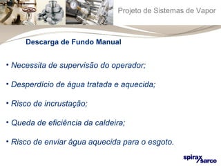 Projeto de Sistemas de Vapor 
Descarga de Fundo Manual 
• Necessita de supervisão do operador; 
• Desperdício de água tratada e aquecida; 
• Risco de incrustação; 
• Queda de eficiência da caldeira; 
• Risco de enviar água aquecida para o esgoto. 
 