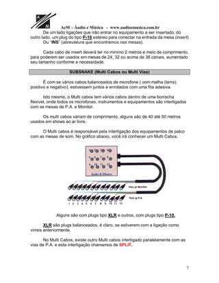 AeM – Áudio e Música - www.audioemusica.com.br
7
De um lado ligações que irão entrar no equipamento a ser insertado, do
outro lado, um plug do tipo P-10 estéreo para conectar na entrada da mesa (insert)
Ou “INS” (abreviatura que encontramos nas mesas).
Cada cabo de insert deverá ter no mínimo 2 metros e meio de comprimento,
para poderem ser usados em mesas de 24, 32 ou acima de 36 canais, aumentado
seu tamanho conforme a necessidade.
SUBSNAKE (Multi Cabos ou Multi Vias)
É com se vários cabos balanceados de microfone ( com malha (terra),
positivo e negativo), estivessem juntos e enrolados com uma fita adesiva.
Isto mesmo, o Multi cabos tem vários cabos dentro de uma borracha
flexível, onde todos os microfones, instrumentos e equipamentos são interligados
com as mesas de P.A. e Monitor.
Os multi cabos variam de comprimento, alguns são de 40 até 50 metros
usados em shows ao ar livre.
O Multi cabos é responsável pela interligação dos equipamentos de palco
com as mesas de som. No gráfico abaixo, você irá conhecer um Multi Cabos.
Alguns são com plugs tipo XLR e outros, com plugs tipo P-10.
XLR são plugs balanceados, é claro, se estiverem com a ligação como
vimos anteriormente.
No Multi Cabos, existe outro Multi cabos interligado paralelamente com as
vias de P.A. e esta interligação chamamos de SPLIT.
 