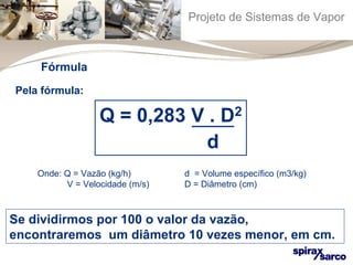 Projeto de Sistemas de Vapor 
Fórmula 
Pela fórmula: 
Q = 0,283 V . D2 
d 
Onde: Q = Vazão (kg/h) d = Volume específico (m3/kg) 
V = Velocidade (m/s) D = Diâmetro (cm) 
Se dividirmos por 100 o valor da vazão, 
encontraremos um diâmetro 10 vezes menor, em cm. 
 