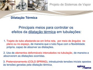 Projeto de Sistemas de Vapor 
Dilatação Térmica 
Principais meios para controlar os 
efeitos da dilatação térmica em tubulações: 
1. Trajeto do tubo afastando-se em linha reta, por meio de ângulos no 
plano ou no espaço, de maneira que o tubo fique com a flexibilidade 
própria, capaz de absorver as dilatações. 
2. Uso de elementos deformáveis intercalados na tubulação, de maneira a 
absorverem as dilatações ocorridas. 
3. Pretensionamento (COLD SPRING), introduzindo tensões iniciais opostos 
às tensões geradas pela dilatação térmica. 
 