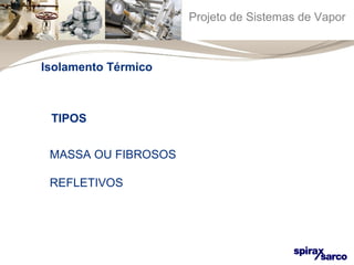 Projeto de Sistemas de Vapor 
Isolamento Térmico 
TIPOS 
MASSA OU FIBROSOS 
REFLETIVOS 
 