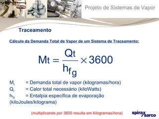 Projeto de Sistemas de Vapor 
Traceamento 
Cálculo da Demanda Total de Vapor de um Sistema de Traceamento: 
M Q 
h 
t 
t 
fg 
= ´ 3600 
Mt = Demanda total de vapor (kilogramas/hora) 
Qt = Calor total necessário (kiloWatts) 
hfg = Entalpia específica de evaporação 
(kiloJoules/kilograma) 
(multiplicando por 3600 resulta em kilogramas/hora) 
 