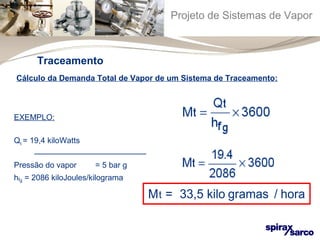 Projeto de Sistemas de Vapor 
Cálculo da Demanda Total de Vapor de um Sistema de Traceamento: 
EXEMPLO: 
Qt = 19,4 kiloWatts 
—————————————— 
Pressão do vapor = 5 bar g 
hfg = 2086 kiloJoules/kilograma 
M t = 33,5 kilo gramas / hora 
Traceamento 
 