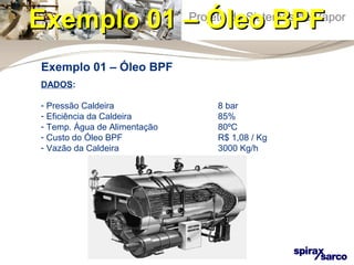 Projeto EExxeemmpplloo 0011 –– ÓÓ lldeee Sooist e BmBasPP deFF Vapor 
Exemplo 01 – Óleo BPF 
DADOS: 
- Pressão Caldeira 8 bar 
- Eficiência da Caldeira 85% 
- Temp. Água de Alimentação 80ºC 
- Custo do Óleo BPF R$ 1,08 / Kg 
- Vazão da Caldeira 3000 Kg/h 
 