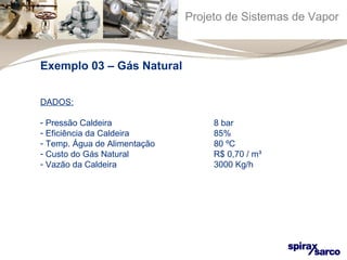 Projeto de Sistemas de Vapor 
Exemplo 03 – Gás Natural 
DADOS: 
- Pressão Caldeira 8 bar 
- Eficiência da Caldeira 85% 
- Temp. Água de Alimentação 80 ºC 
- Custo do Gás Natural R$ 0,70 / m³ 
- Vazão da Caldeira 3000 Kg/h 
 