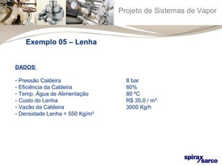 Projeto de Sistemas de Vapor 
Exemplo 05 – Lenha 
DADOS: 
- Pressão Caldeira 8 bar 
- Eficiência da Caldeira 80% 
- Temp. Água de Alimentação 80 ºC 
- Custo do Lenha R$ 35,0 / m³ 
- Vazão da Caldeira 3000 Kg/h 
- Densidade Lenha = 550 Kg/m³ 
 
