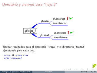 Directorio y archivos para “ﬂujo 5”
Revisar resultados para el directorio “traza” y el directorio “traza2”
ejecutando para cada uno.
scons && scons view
sfin traza.rsf
Herling G. A. (Geof´ısica-ICP-Ecopetrol) Taller RSF 9/10/15 4 / 42
 