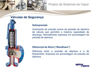 Projeto de Sistemas de Vapor 
Válvulas de Segurança 
Sobrepressão 
Incremento de pressão acima da pressão de abertura 
da válvula que permitirá a máxima capacidade de 
descarga. Normalmente expressa em porcentagem da 
pressão de abertura. 
Diferencial de Alívio (“BlowDown”) 
Diferença entre a pressão de abertura e a de 
fechamento. Expressa em porcentagem da pressão de 
abertura. 
 