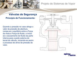 Projeto de Sistemas de Vapor 
Válvulas de Segurança 
Princípio de Funcionamento: 
Quando a pressão no vaso atinge o 
valor da pressão de abertura, 
rompe-se o equílibrio entre a Força 
da mola e Força do fluido, e inicia-se 
o escoamento do fluído da parte 
interna para a parte externa do 
bocal da válvula, iniciando-se assim 
o processo de alívio de pressão do 
vaso. 
 