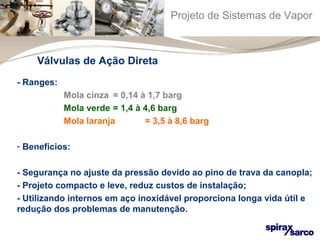 Projeto de Sistemas de Vapor 
Válvulas de Ação Direta 
- Ranges: 
Mola cinza = 0,14 à 1,7 barg 
Mola verde = 1,4 à 4,6 barg 
Mola laranja = 3,5 à 8,6 barg 
- Benefícios: 
- Segurança no ajuste da pressão devido ao pino de trava da canopla; 
- Projeto compacto e leve, reduz custos de instalação; 
- Utilizando internos em aço inoxidável proporciona longa vida útil e 
redução dos problemas de manutenção. 
 