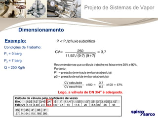 Projeto de Sistemas de Vapor 
Dimensionamento 
Exemplo: 
Condições de Trabalho: 
P1 = 9 barg 
P2 = 7 barg 
Q = 250 Kg/h 
Logo, a válvula de DN 3/4” é adequada. 
 