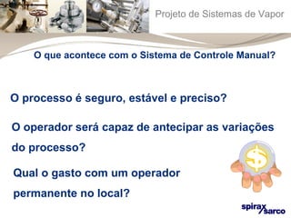 Projeto de Sistemas de Vapor 
O que acontece com o Sistema de Controle Manual? 
O processo é seguro, estável e preciso? 
O operador será capaz de antecipar as variações 
do processo? 
Qual o gasto com um operador 
permanente no local? 
 