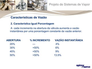 Projeto de Sistemas de Vapor 
Características de Vazão 
2. Característica Igual Porcentagem 
A cada incremento na abertura da válvula aumenta a vazão 
instantânea por uma porcentagem constante da vazão anterior. 
ABERTURA % INCREMENTO VAZÃO INSTANTÂNEA 
20% --- 4% 
30% +50% 6% 
40% +50% 9% 
50% +50% 13.5% 
 