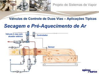 Projeto de Sistemas de Vapor 
Válvulas de Controle de Duas Vias – Aplicações Típicas 
Secagem e Pré-Aquecimento de Ar 
Válvula 2 vias com 
atuador elétrico Controlador 
Sensor 
 