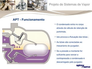 Projeto de Sistemas de Vapor 
 O condensado entra no corpo 
através da válvula de retenção de 
portinhola; 
 Isto provoca a flutuação das bóias ; 
 As bóias são conectadas ao 
mecanismo do purgador; 
 Se a pressão a montante for 
suficiente para vencer a 
contrapressão o condensado é 
descarregado pelo purgador. 
APT - Funcionamento 
 