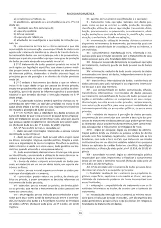 MICROINFORMÁTICA
65
a) jornalístico e artísticos; ou
b) acadêmicos, aplicando-se a esta hipótese os arts. 7º e 11
desta Lei;
III - realizado para fins exclusivos de:
a) segurança pública;
b) defesa nacional;
c) segurança do Estado; ou
d) atividades de investigação e repressão de infrações pe-
nais; ou
IV - provenientes de fora do território nacional e que não
sejam objeto de comunicação, uso compartilhado de dados com
agentes de tratamento brasileiros ou objeto de transferência in-
ternacional de dados com outro país que não o de proveniência,
desde que o país de proveniência proporcione grau de proteção
de dados pessoais adequado ao previsto nesta Lei.
§ 1º O tratamento de dados pessoais previsto no inciso III
será regido por legislação específica, que deverá prever medi-
das proporcionais e estritamente necessárias ao atendimento
do interesse público, observados o devido processo legal, os
princípios gerais de proteção e os direitos do titular previstos
nesta Lei.
§ 2º É vedado o tratamento dos dados a que se refere o
inciso III do caput deste artigo por pessoa de direito privado,
exceto em procedimentos sob tutela de pessoa jurídica de direi-
to público, que serão objeto de informe específico à autoridade
nacional e que deverão observar a limitação imposta no § 4º
deste artigo.
§ 3º A autoridade nacional emitirá opiniões técnicas ou re-
comendações referentes às exceções previstas no inciso III do
caput deste artigo e deverá solicitar aos responsáveis relatórios
de impacto à proteção de dados pessoais.
§ 4º Em nenhum caso a totalidade dos dados pessoais de
banco de dados de que trata o inciso III do caput deste artigo po-
derá ser tratada por pessoa de direito privado, salvo por aquela
que possua capital integralmente constituído pelo poder públi-
co. (Redação dada pela Lei nº 13.853, de 2019) Vigência
Art. 5º Para os fins desta Lei, considera-se:
I - dado pessoal: informação relacionada a pessoa natural
identificada ou identificável;
II - dado pessoal sensível: dado pessoal sobre origem racial
ou étnica, convicção religiosa, opinião política, filiação a sindi-
cato ou a organização de caráter religioso, filosófico ou político,
dado referente à saúde ou à vida sexual, dado genético ou bio-
métrico, quando vinculado a uma pessoa natural;
III - dado anonimizado: dado relativo a titular que não possa
ser identificado, considerando a utilização de meios técnicos ra-
zoáveis e disponíveis na ocasião de seu tratamento;
IV - banco de dados: conjunto estruturado de dados pes-
soais, estabelecido em um ou em vários locais, em suporte ele-
trônico ou físico;
V - titular: pessoa natural a quem se referem os dados pes-
soais que são objeto de tratamento;
VI - controlador: pessoa natural ou jurídica, de direito pú-
blico ou privado, a quem competem as decisões referentes ao
tratamento de dados pessoais;
VII - operador: pessoa natural ou jurídica, de direito públi-
co ou privado, que realiza o tratamento de dados pessoais em
nome do controlador;
VIII - encarregado: pessoa indicada pelo controlador e ope-
rador para atuar como canal de comunicação entre o controla-
dor, os titulares dos dados e a Autoridade Nacional de Proteção
de Dados (ANPD); (Redação dada pela Lei nº 13.853, de 2019)
Vigência
IX - agentes de tratamento: o controlador e o operador;
X - tratamento: toda operação realizada com dados pes-
soais, como as que se referem a coleta, produção, recepção,
classificação, utilização, acesso, reprodução, transmissão, distri-
buição, processamento, arquivamento, armazenamento, elimi-
nação, avaliação ou controle da informação, modificação, comu-
nicação, transferência, difusão ou extração;
XI - anonimização: utilização de meios técnicos razoáveis e
disponíveis no momento do tratamento, por meio dos quais um
dado perde a possibilidade de associação, direta ou indireta, a
um indivíduo;
XII - consentimento: manifestação livre, informada e ine-
quívoca pela qual o titular concorda com o tratamento de seus
dados pessoais para uma finalidade determinada;
XIII - bloqueio: suspensão temporária de qualquer operação
de tratamento, mediante guarda do dado pessoal ou do banco
de dados;
XIV - eliminação: exclusão de dado ou de conjunto de dados
armazenados em banco de dados, independentemente do pro-
cedimento empregado;
XV - transferência internacional de dados: transferência de
dados pessoais para país estrangeiro ou organismo internacio-
nal do qual o país seja membro;
XVI - uso compartilhado de dados: comunicação, difusão,
transferência internacional, interconexão de dados pessoais
ou tratamento compartilhado de bancos de dados pessoais por
órgãos e entidades públicos no cumprimento de suas compe-
tências legais, ou entre esses e entes privados, reciprocamente,
com autorização específica, para uma ou mais modalidades de
tratamento permitidas por esses entes públicos, ou entre entes
privados;
XVII - relatório de impacto à proteção de dados pessoais:
documentação do controlador que contém a descrição dos pro-
cessos de tratamento de dados pessoais que podem gerar riscos
às liberdades civis e aos direitos fundamentais, bem como medi-
das, salvaguardas e mecanismos de mitigação de risco;
XVIII - órgão de pesquisa: órgão ou entidade da adminis-
tração pública direta ou indireta ou pessoa jurídica de direito
privado sem fins lucrativos legalmente constituída sob as leis
brasileiras, com sede e foro no País, que inclua em sua missão
institucional ou em seu objetivo social ou estatutário a pesquisa
básica ou aplicada de caráter histórico, científico, tecnológico
ou estatístico; e (Redação dada pela Lei nº 13.853, de 2019) Vi-
gência
XIX - autoridade nacional: órgão da administração pública
responsável por zelar, implementar e fiscalizar o cumprimento
desta Lei em todo o território nacional. (Redação dada pela Lei
nº 13.853, de 2019) Vigência
Art. 6º As atividades de tratamento de dados pessoais deve-
rão observar a boa-fé e os seguintes princípios:
I - finalidade: realização do tratamento para propósitos le-
gítimos, específicos, explícitos e informados ao titular, sem pos-
sibilidade de tratamento posterior de forma incompatível com
essas finalidades;
II - adequação: compatibilidade do tratamento com as fi-
nalidades informadas ao titular, de acordo com o contexto do
tratamento;
III - necessidade: limitação do tratamento ao mínimo neces-
sário para a realização de suas finalidades, com abrangência dos
dados pertinentes, proporcionais e não excessivos em relação às
finalidades do tratamento de dados;
 
