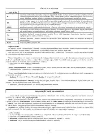 LÍNGUA PORTUGUESA
28
PREPOSIÇÃO NOMES
A
acessível; acostumado; adaptado; adequado; agradável; alusão; análogo; anterior; atento; benefício; comum;
contrário;desfavorável;devoto;equivalente;fiel;grato;horror;idêntico;imune;indiferente;inferior;leal;necessário;
nocivo; obediente; paralelo; posterior; preferência; propenso; próximo; semelhante; sensível; útil; visível...
DE
amante; amigo; capaz; certo; contemporâneo; convicto; cúmplice; descendente; destituído; devoto; diferente;
dotado; escasso; fácil; feliz; imbuído; impossível; incapaz; indigno; inimigo; inseparável; isento; junto; longe; medo;
natural; orgulhoso; passível; possível; seguro; suspeito; temeroso...
SOBRE opinião; discurso; discussão; dúvida; insistência; influência; informação; preponderante; proeminência; triunfo...
COM
acostumado; amoroso; analogia; compatível; cuidadoso; descontente; generoso; impaciente; ingrato; intolerante;
mal; misericordioso; ocupado; parecido; relacionado; satisfeito; severo; solícito; triste...
EM
abundante; bacharel; constante; doutor; erudito; firme; hábil; incansável; inconstante; indeciso; morador;
negligente; perito; prático; residente; versado...
CONTRA
atentado; blasfêmia; combate; conspiração; declaração; fúria; impotência; litígio; luta; protesto; reclamação;
representação...
PARA bom; mau; odioso; próprio; útil...
Regência verbal
Na regência verbal, o termo regente é o verbo, e o termo regido poderá ser tanto um objeto direto (não preposicionado) quanto
um objeto indireto (preposicionado), podendo ser caracterizado também por adjuntos adverbiais.
Com isso, temos que os verbos podem se classificar entre transitivos e intransitivos. É importante ressaltar que a transitividade
do verbo vai depender do seu contexto.
Verbos intransitivos: não exigem complemento, de modo que fazem sentido por si só. Em alguns casos, pode estar acompanha-
do de um adjunto adverbial (modifica o verbo, indicando tempo, lugar, modo, intensidade etc.), que, por ser um termo acessório,
pode ser retirado da frase sem alterar sua estrutura sintática:
• Viajou para São Paulo. / Choveu forte ontem.
Verbos transitivos diretos: exigem complemento (objeto direto), sem preposição, para que o sentido do verbo esteja completo:
• A aluna entregou o trabalho. / A criança quer bolo.
Verbos transitivos indiretos: exigem complemento (objeto indireto), de modo que uma preposição é necessária para estabele-
cer o sentido completo:
• Gostamos da viagem de férias. / O cidadão duvidou da campanha eleitoral.
Verbos transitivos diretos e indiretos: em algumas situações, o verbo precisa ser acompanhado de um objeto direto (sem pre-
posição) e de um objeto indireto (com preposição):
• Apresentou a dissertação à banca. / O menino ofereceu ajuda à senhora.
ORGANIZAÇÃO SINTÁTICA DO PERÍODO
A sintaxe estuda o conjunto das relações que as palavras estabelecem entre si. Dessa maneira, é preciso ficar atento aos enun-
ciados e suas unidades: frase, oração e período.
Frase é qualquer palavra ou conjunto de palavras ordenadas que apresenta sentido completo em um contexto de comunicação
e interação verbal. A frase nominal é aquela que não contém verbo. Já a frase verbal apresenta um ou mais verbos (locução verbal).
Oração é um enunciado organizado em torno de um único verbo ou locução verbal, de modo que estes passam a ser o núcleo
da oração. Assim, o predicativo é obrigatório, enquanto o sujeito é opcional.
Período é uma unidade sintática, de modo que seu enunciado é organizado por uma oração (período simples) ou mais orações
(período composto). Eles são iniciados com letras maiúsculas e finalizados com a pontuação adequada.
Análise sintática
A análise sintática serve para estudar a estrutura de um período e de suas orações. Os termos da oração se dividem entre:
• Essenciais (ou fundamentais): sujeito e predicado
• Integrantes: completam o sentido (complementos verbais e nominais, agentes da passiva)
• Acessórios: função secundária (adjuntos adnominais e adverbiais, apostos)
 