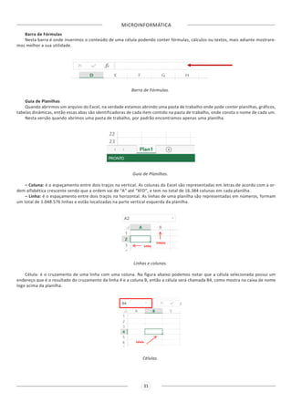 MICROINFORMÁTICA
31
Barra de Fórmulas
Nesta barra é onde inserimos o conteúdo de uma célula podendo conter fórmulas, cálculos ou textos, mais adiante mostrare-
mos melhor a sua utilidade.
Barra de Fórmulas.
Guia de Planilhas
Quando abrirmos um arquivo do Excel, na verdade estamos abrindo uma pasta de trabalho onde pode conter planilhas, gráficos,
tabelas dinâmicas, então essas abas são identificadoras de cada item contido na pasta de trabalho, onde consta o nome de cada um.
Nesta versão quando abrimos uma pasta de trabalho, por padrão encontramos apenas uma planilha.
Guia de Planilhas.
– Coluna: é o espaçamento entre dois traços na vertical. As colunas do Excel são representadas em letras de acordo com a or-
dem alfabética crescente sendo que a ordem vai de “A” até “XFD”, e tem no total de 16.384 colunas em cada planilha.
– Linha: é o espaçamento entre dois traços na horizontal. As linhas de uma planilha são representadas em números, formam
um total de 1.048.576 linhas e estão localizadas na parte vertical esquerda da planilha.
Linhas e colunas.
Célula: é o cruzamento de uma linha com uma coluna. Na figura abaixo podemos notar que a célula selecionada possui um
endereço que é o resultado do cruzamento da linha 4 e a coluna B, então a célula será chamada B4, como mostra na caixa de nome
logo acima da planilha.
Células.
 