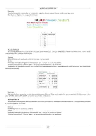 MICROINFORMÁTICA
35
Exemplo:
Na planilha abaixo, como saber se o número é negativo, temos que verificar se ele é menor que zero.
Na célula A2 digitaremos a seguinte formula:
Função SOMASE
A função SOMASE é uma junção de duas funções já estudadas aqui, a função SOMA e SE, onde buscaremos somar valores desde
que atenda a uma condição especificada:
Sintaxe
SOMASE (intervalo analisado; critério; intervalo a ser somado)
Onde:
Intervalo analisado (obrigatório): intervalo em que a função vai analisar o critério.
Critério (obrigatório): Valor ou Texto a ser procurado no intervalo a ser analisado.
Intervalo a ser somado (opcional): caso o critério seja atendido é efetuado a soma da referida célula analisada. Não pode conter
texto neste intervalo.
Exemplo:
Vamos calcular a somas das vendas dos vendedores por Gênero. Observando a planilha acima, na célula C9 digitaremos a fun-
ção =SOMASE (B2:B7;”M”; C2:C7) para obter a soma dos vendedores.
Função CONT.SE
Esta função conta quantas células se atender ao critério solicitado. Ela pede apenas dois argumentos, o intervalo a ser analisado
e o critério para ser verificado.
Sintaxe
CONT.SE (intervalo analisado; critério)
Onde:
Intervalo analisado (obrigatório): intervalo em que a função vai analisar o critério.
Critério (obrigatório): Valor ou Texto a ser procurado no intervalo a ser analisado.
 