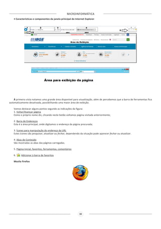 MICROINFORMÁTICA
38
• Características e componentes da janela principal do Internet Explorer
À primeira vista notamos uma grande área disponível para visualização, além de percebemos que a barra de ferramentas fica
automaticamente desativada, possibilitando uma maior área de exibição.
Vamos destacar alguns pontos segundo as indicações da figura:
1. Voltar/Avançar página
Como o próprio nome diz, clicando neste botão voltamos página visitada anteriormente;
2. Barra de Endereços
Esta é a área principal, onde digitamos o endereço da página procurada;
3. Ícones para manipulação do endereço da URL
Estes ícones são pesquisar, atualizar ou fechar, dependendo da situação pode aparecer fechar ou atualizar.
4. Abas de Conteúdo
São mostradas as abas das páginas carregadas.
5. Página Inicial, favoritos, ferramentas, comentários
6. Adicionar à barra de favoritos
Mozila Firefox
 