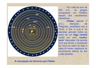 Por volta do ano de
                                      450     a.C.,   os    gregos
                                      começaram um frutífero
                                      estudo dos movimentos
                                      planetários.
                                               Filolao (século V
                                      a.C.),      discípulo     de
                                      Pitágoras, acreditava que a
                                      Terra, o Sol, a Lua e os
                                      planetas giravam todos ao
                                      redor de um fogo central
                                      oculto por uma “contra-
                                      terra” interposta. De acordo
                                      com sua teoria, a revolução
                                      da Terra ao redor do fogo a
                                      cada 24 horas, explicava os
                                      movimentos diários do Sol
                                      e das estrelas.


A concepção do Universo por Filolao
 