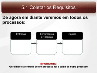 5.1 Coletar os Requisitos De agora em diante veremos em todos os processos: Entradas Ferramentas e Técnicas Saídas IMPORTANTE :  Geralmente a entrada de um processo foi a saída de outro processo 