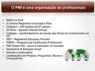 O PMI é uma organização de profissionais Matriz os EUA 5 Centros Regionais na Europa e Ásia Chapters – 255 seções em 67 países 30 SIGs – Specific Interest Groups Colleges – aprofundamento de estudo das Áreas do conhecimento em GP REP - Registered Education Provider PMP® – Programa de Certificação Profissional PMI Career HQ – apoio à colocação no mercado Seminários & Simpósio Anual Normas e publicações Certificações em Projetos, Programas, Riscos e Cronogramas 